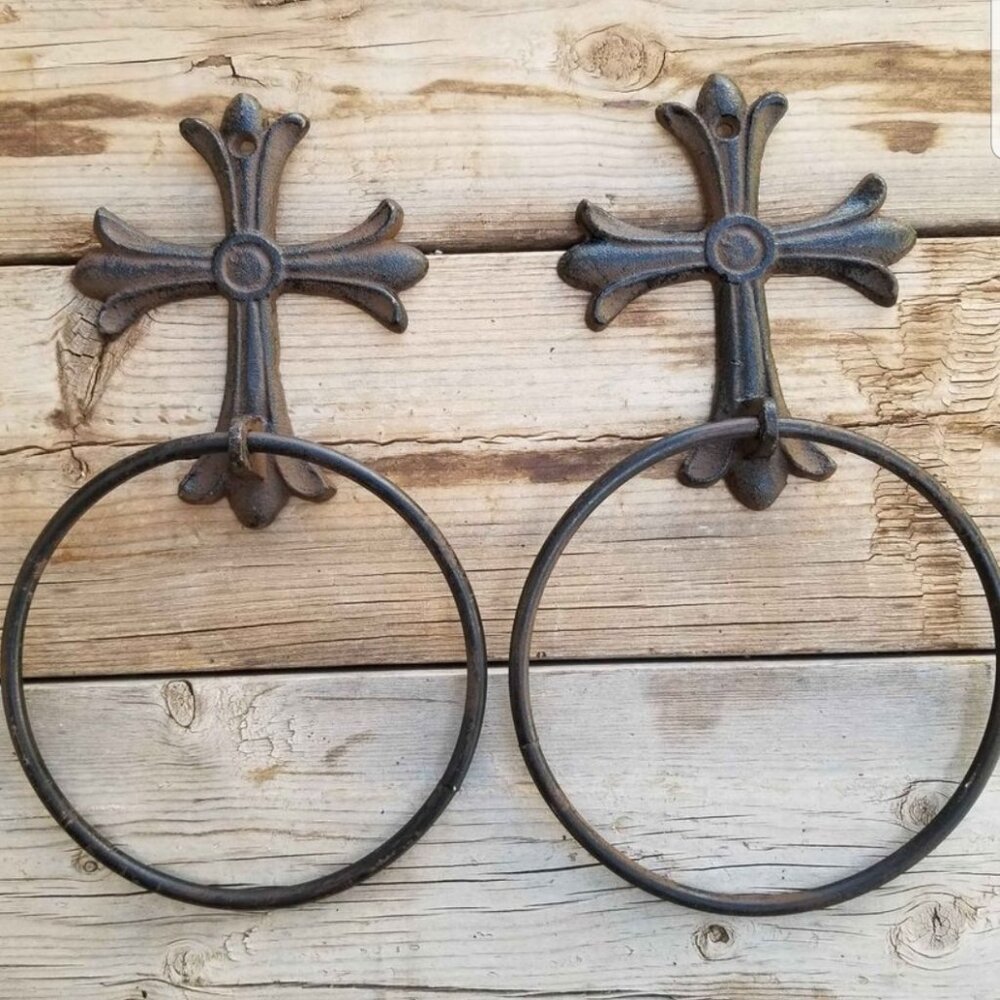 Cross Cast Iron Towel Rings Set of 2 Bathroom Kitchen Decor